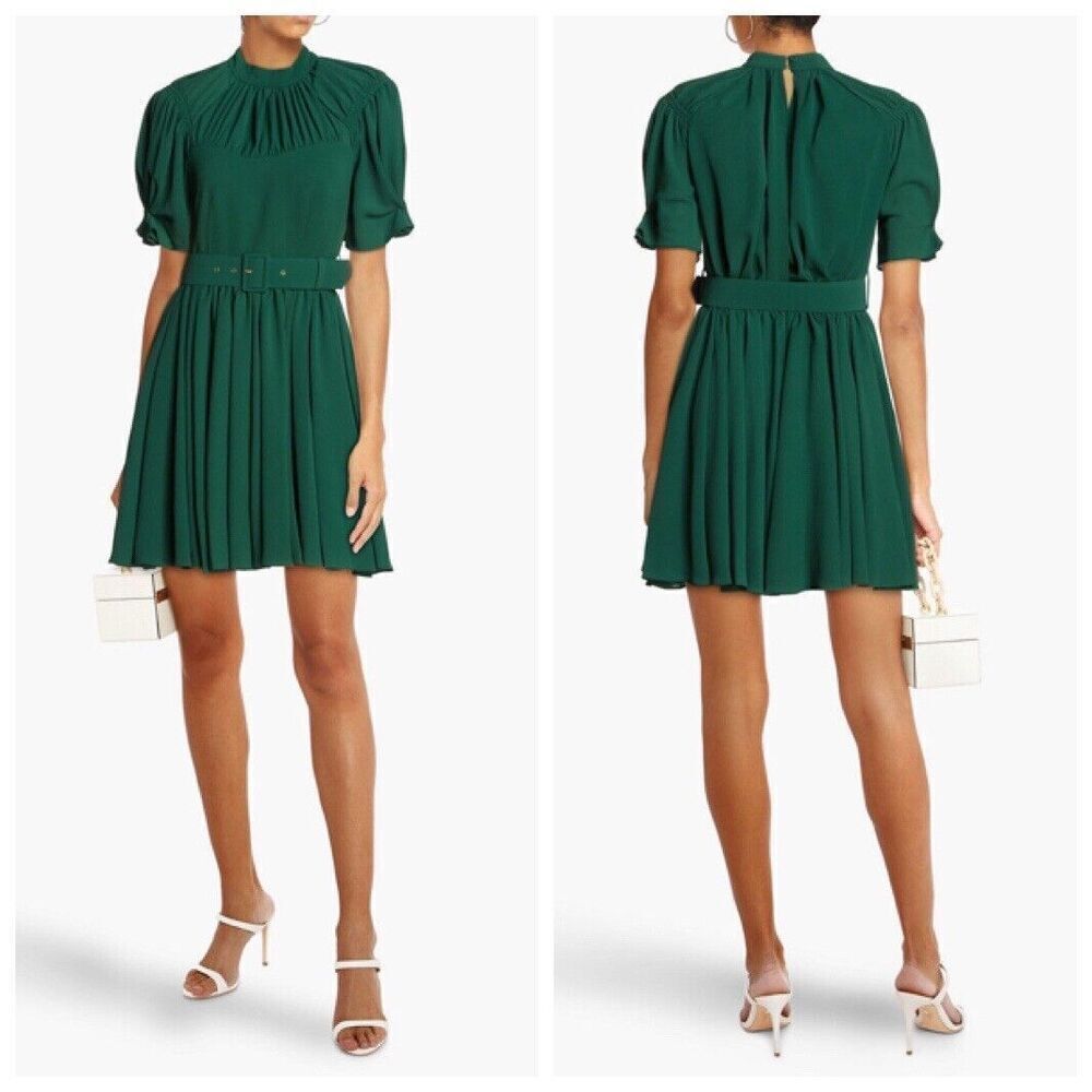 Emilia Wickstead Corinne Mini Dress Size 12 Emerald Green Crepe Belted Pleated